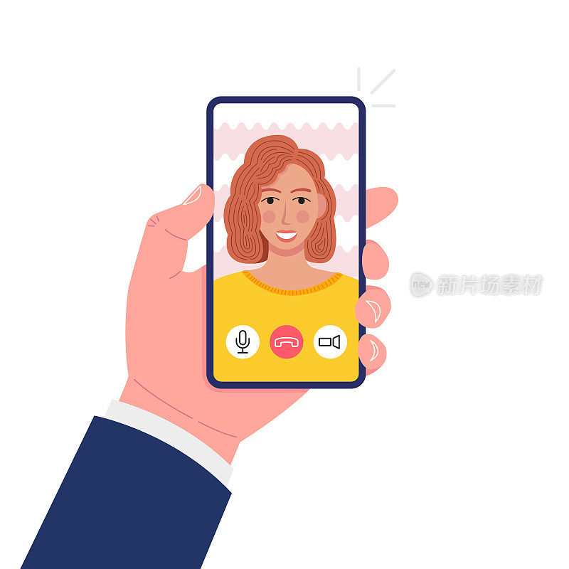 Video call. Hand holding smartphone. Woman on screen. Vector.